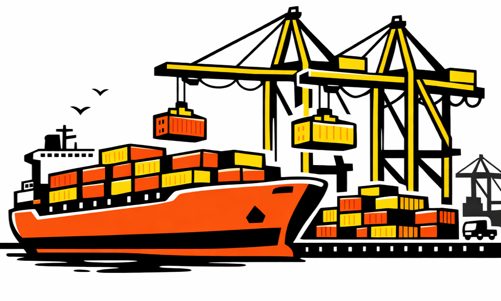 Illustration of containers being un/loaded from a ship