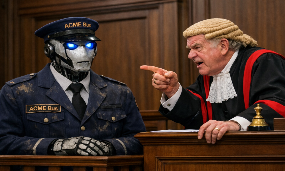 An illustration of an 'AI' driver being told off by a judge.  