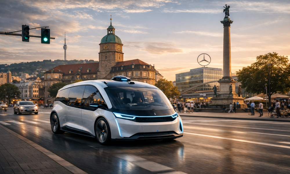 An illustration of a futuristic automated vehicle driving through Stuttgart 