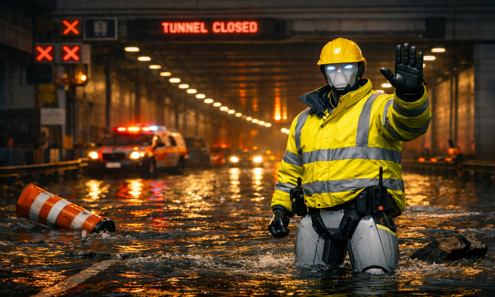 An illustration of a humanoid robot controlling traffic into a flooded road tunnel 