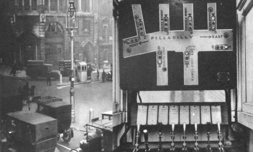 Image of an old fashioned traffic signal control system