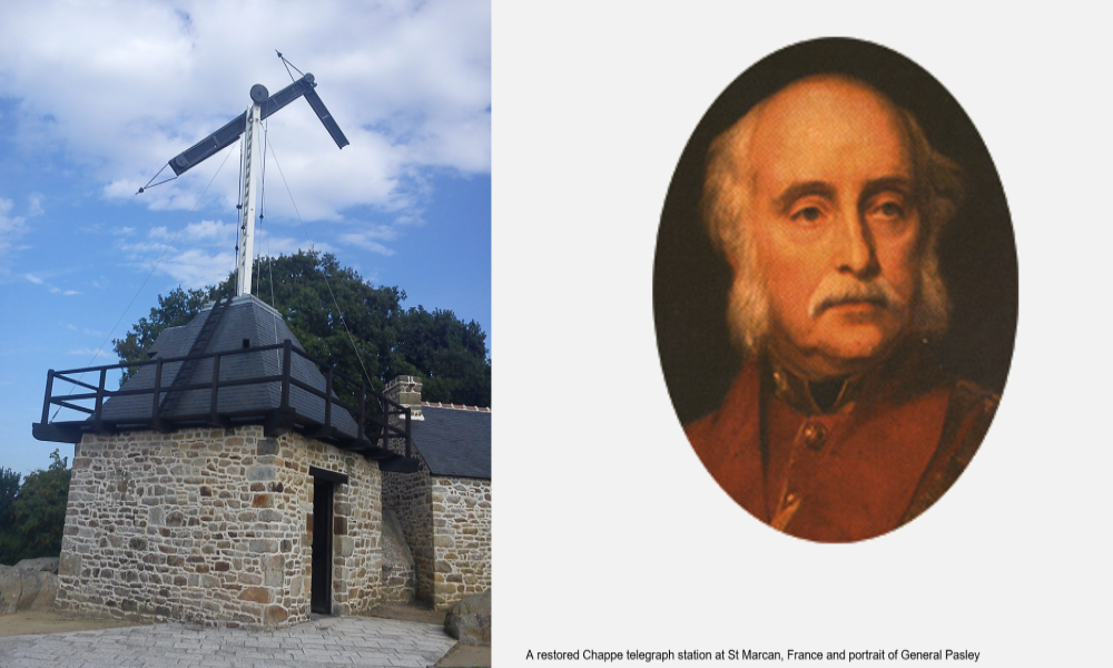 Image of a Chappe telegraph station and portrait of General Pasley