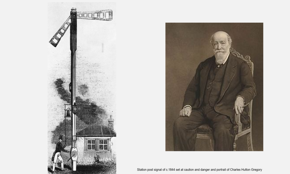 Image of an early railway signal (c1844) and portrait of Charles Hutton Gregory