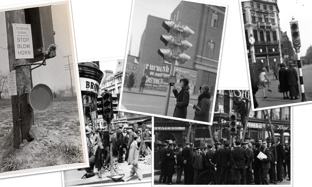 Images of early traffic signal installations in the 1920's and 30's