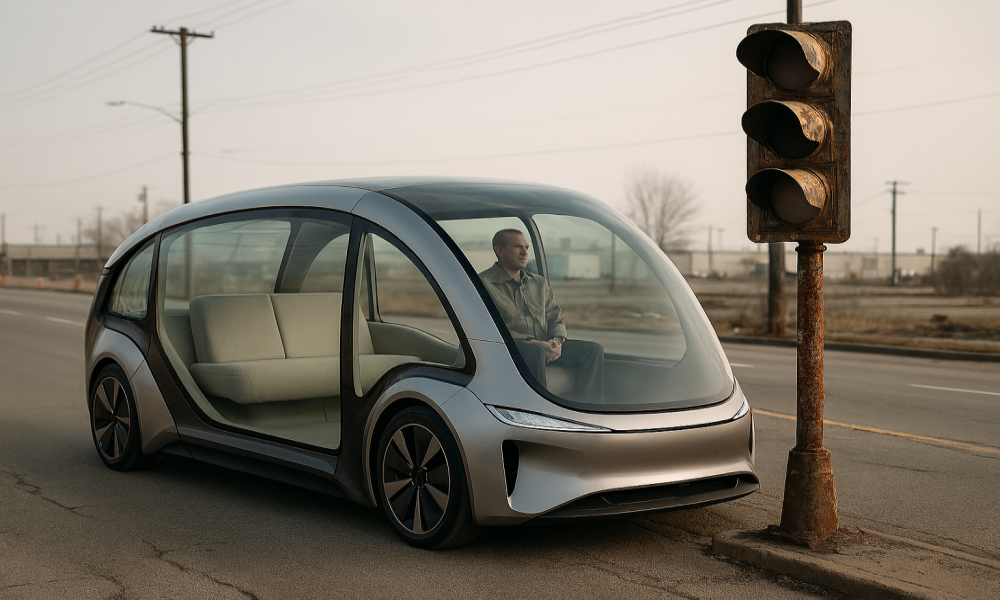 Image of a futuristic travel pavilion next to aging traffic systems infrastructure 
