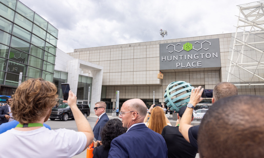 Image of a drone delivery demonstration outside of Huntington Place