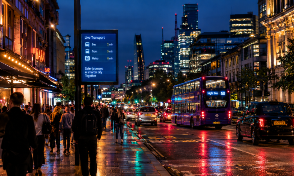 An image of a busy night-time street scene 