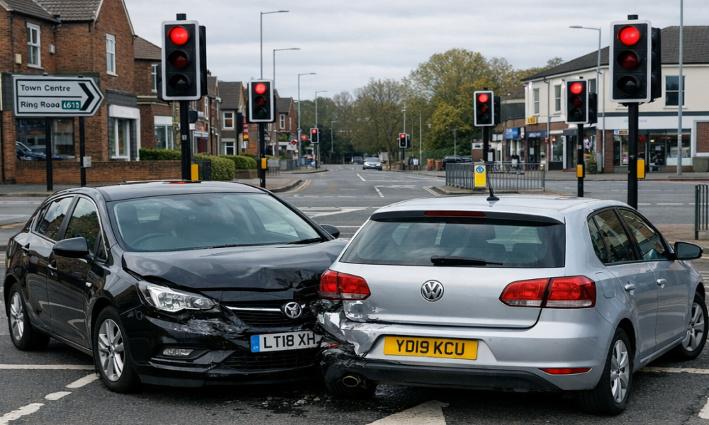 Images of two cars crashed within a signalised road junction