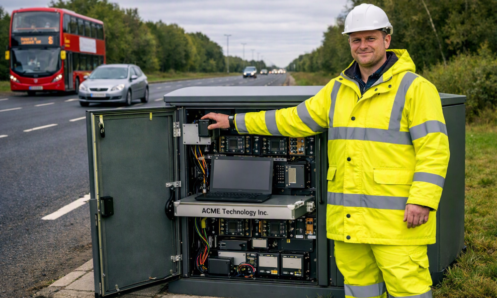 An illustration of roadside technology being maintained 