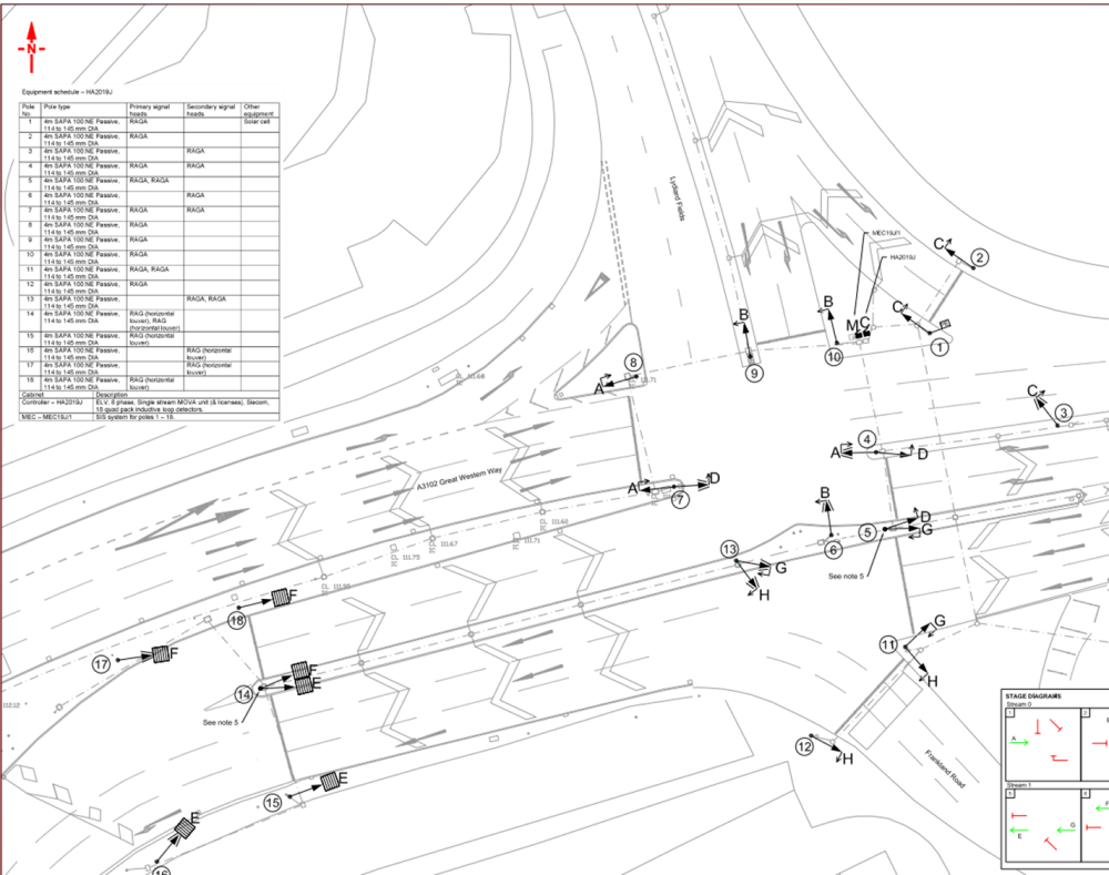 Image of a design drawing for a signalised junction showing different phases