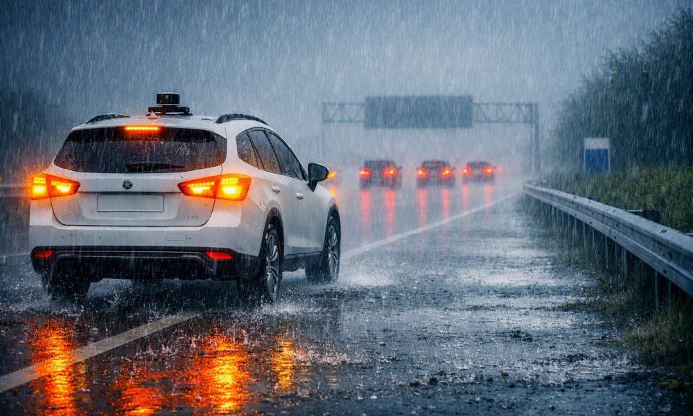 An illustration of how poor weather might affect vehicle perception 