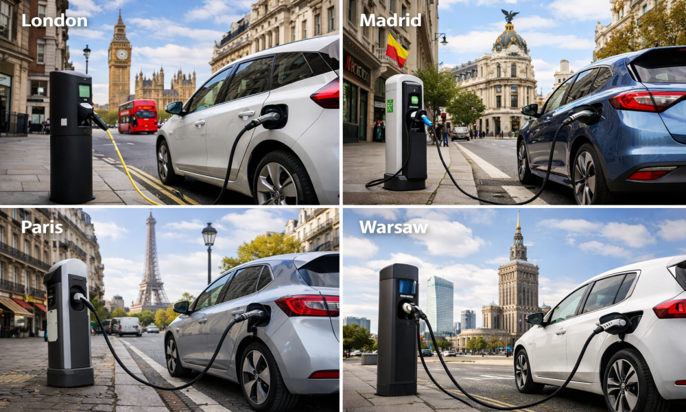 An illustration of Electric Vehicles using street chargers 