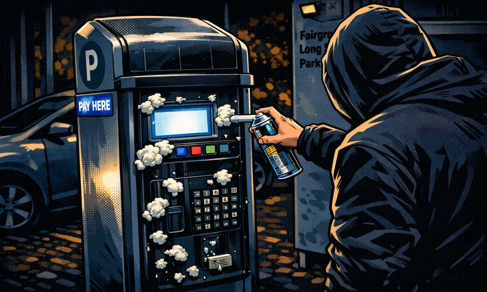An illustration of a parking machine being vandalised with expanding foam 